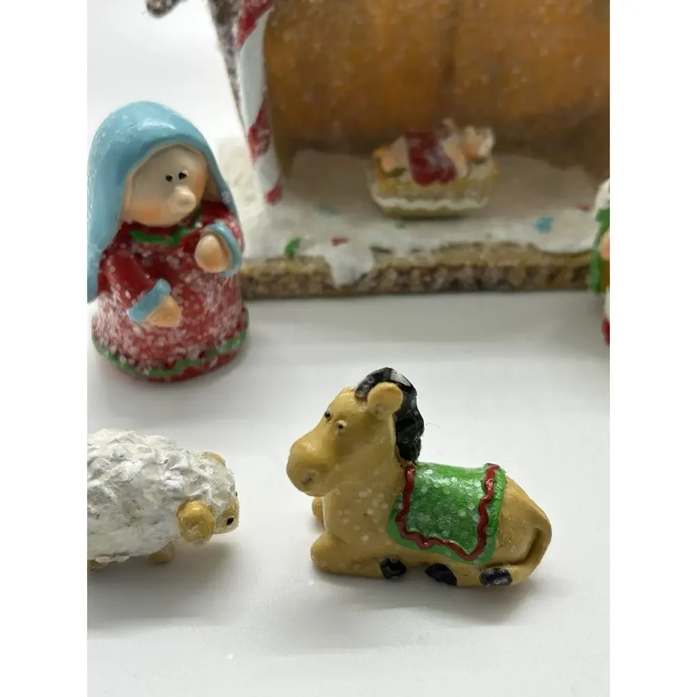 Merry Brite Nativity Gift‎ Set In Box With Gingerbread Stable And 8 Pieces